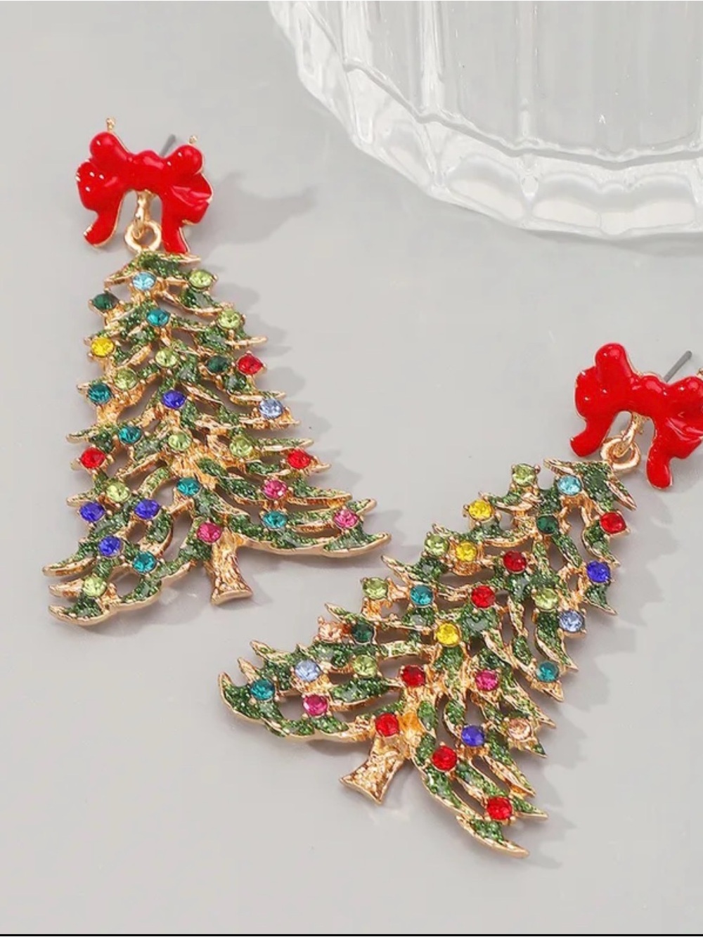 Christmas Tree Earrings Red Bow Rhinestone Gold Tone Holiday Statement Dangle